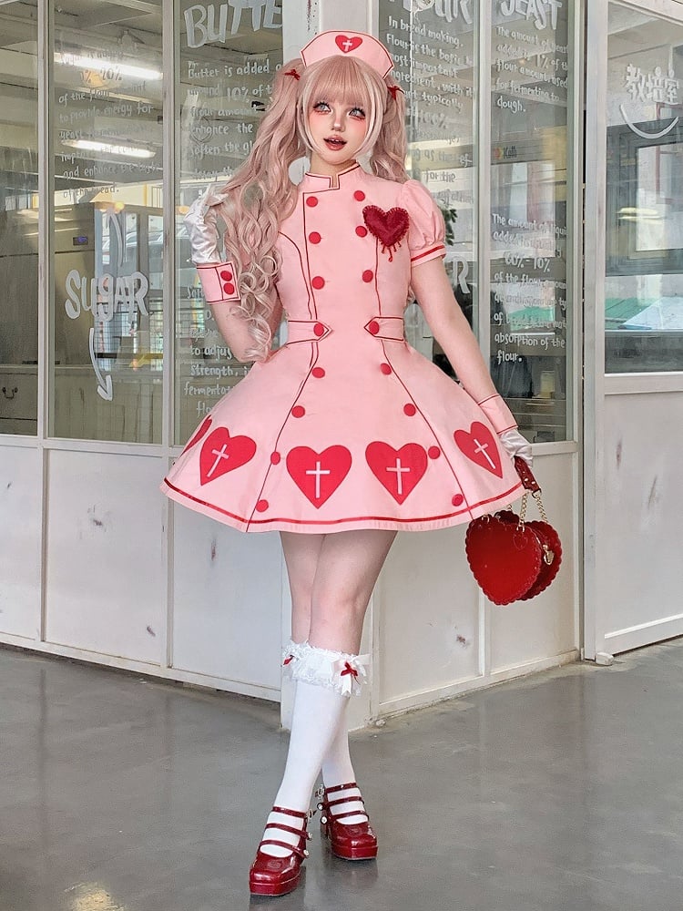Sleeves Puff Dress Cross Nurse Heart Patches Lolita Pink