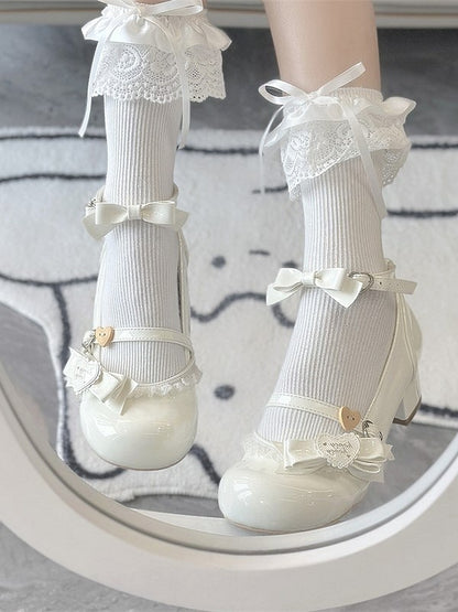 with Lace White Shoes at Sweet Lolita Mid-Heel Edging Top Bow