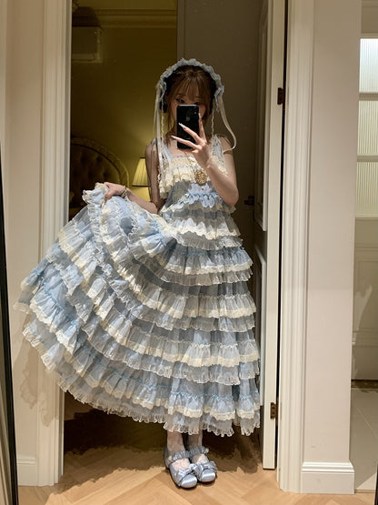 Ruffle Dress Sweet with Straps Blue Embroidery Lolita Adjustable and Multi-Layered Goldfish