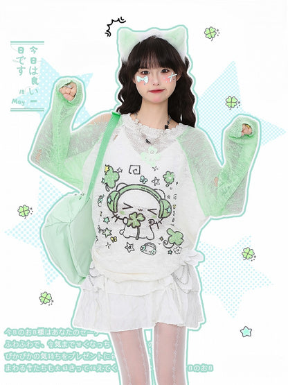 Knit Print with Distressed Semi-Sheer Kawaii Top Green Cat Holes and
