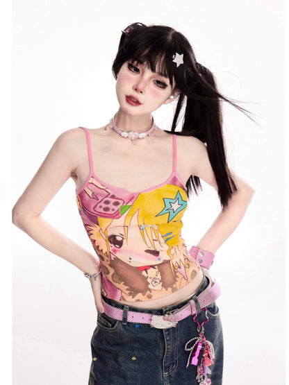 ピンクのY2K漫画ガールプリントTシャツ/キャミソールトップ