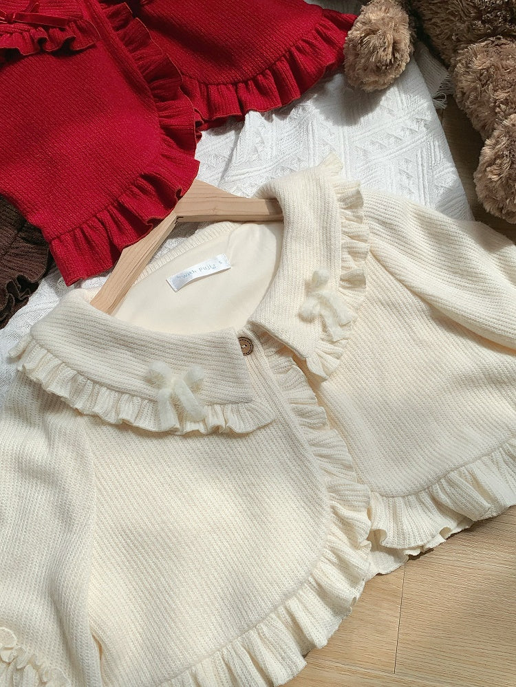and Cardigan for Autumn Beige Winter Cropped Ruffle Trimming