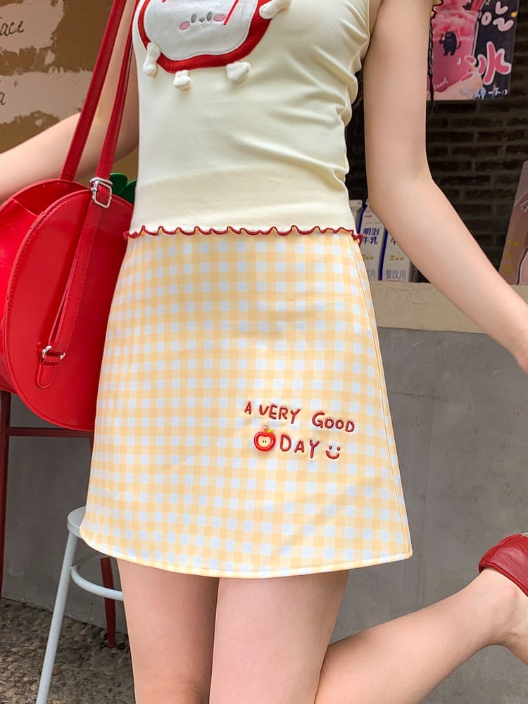 ホワイトハイウエストレタープリントイエロー＆チェック柄スカート