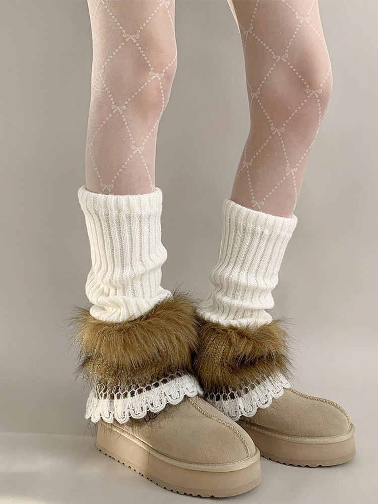Ribbed Warmers Leg Trimmed Fur Faux Lace