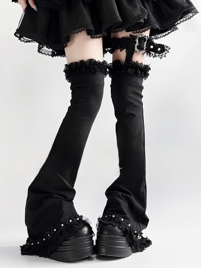 Flared Loop White in Black/Black Buckle Leg Lace Trim Adjustable Kei Jirai Warmers with