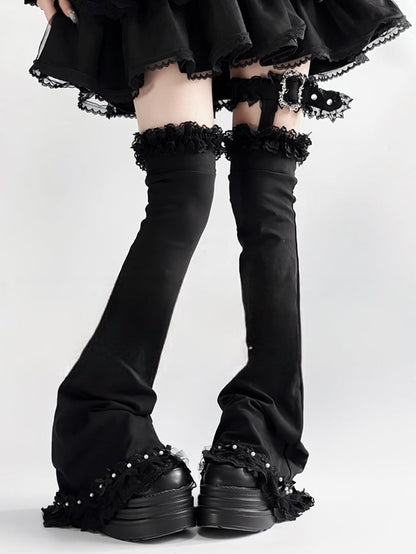 Flared Loop White in Black/Black Buckle Leg Lace Trim Adjustable Kei Jirai Warmers with
