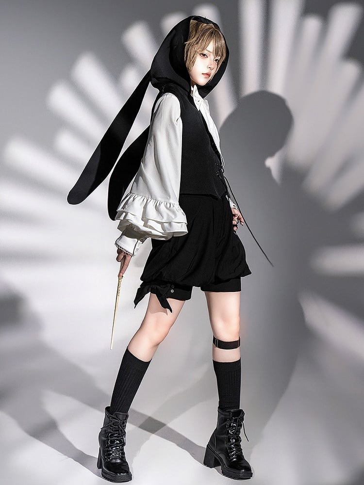 Ouji Lolita-Weste mit Kapuze und schwarzen Ohren, übergroß, Hase