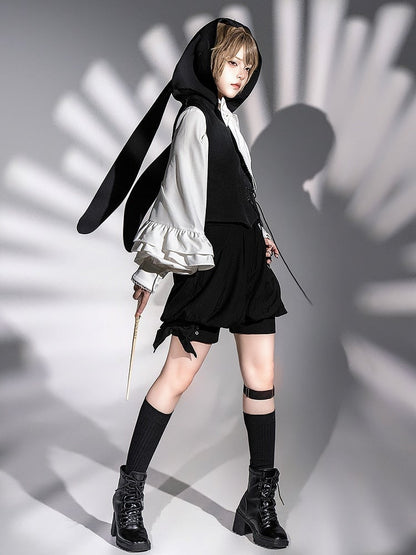 Ouji Lolita-Weste mit Kapuze und schwarzen Ohren, übergroß, Hase