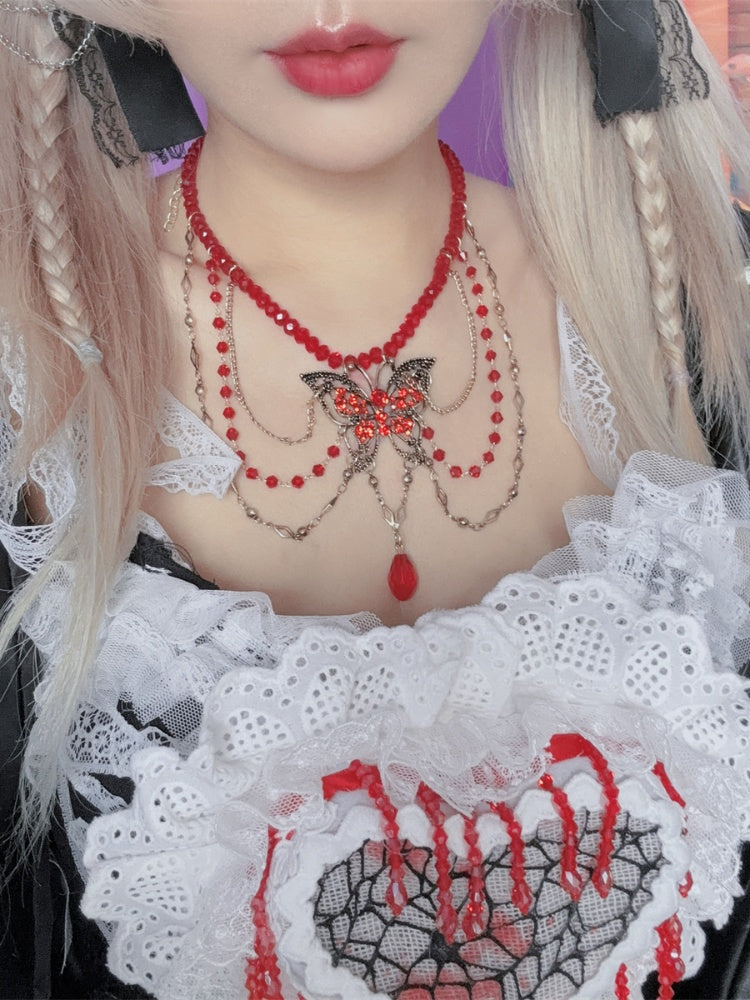 Gothic Red Bead and Butterfly Details Necklace