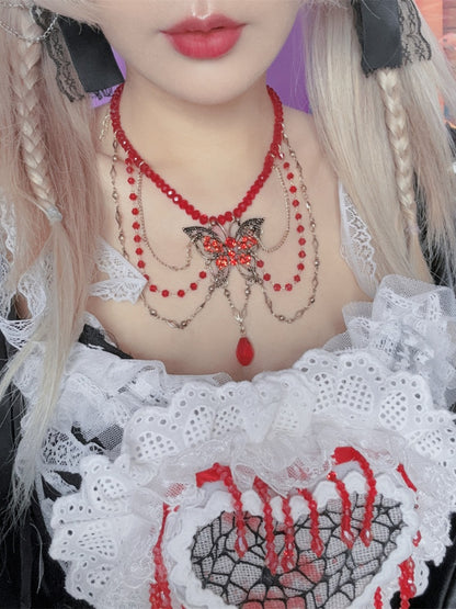 Gothic Red Bead and Butterfly Details Necklace