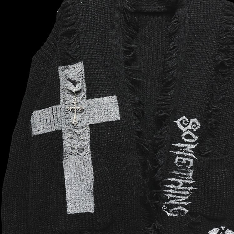 Gothic Punk Schwarzes Kreuz und Skelett Distressed Holes Cardigan Raw Edge