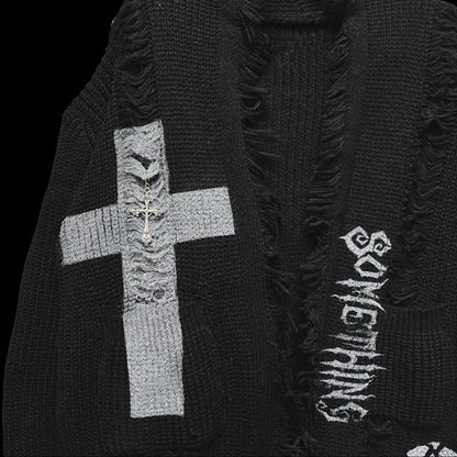 Gothic Punk Schwarzes Kreuz und Skelett Distressed Holes Cardigan Raw Edge