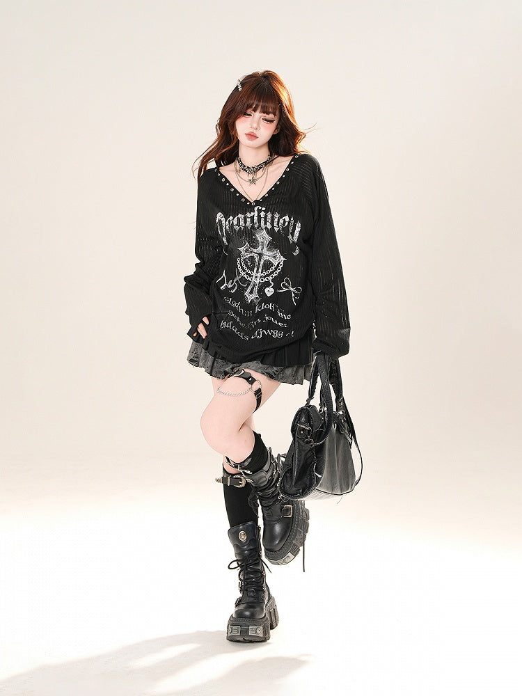 V-neck Cross Print Sun Protection Coverup Black/White