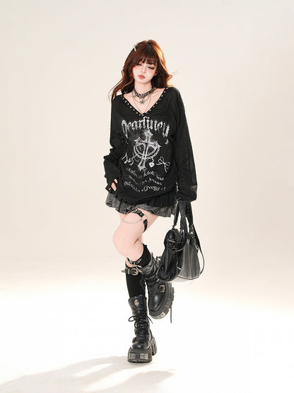 V-neck Cross Print Sun Protection Coverup Black/White