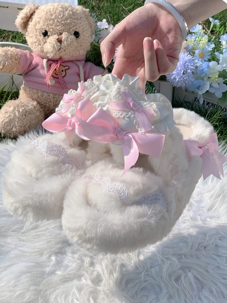 Ruffle - Lace Pink Slippers Bow with 2cm/4cm Platform Knotted Lolita Plush Heart Sweet Winter Trim