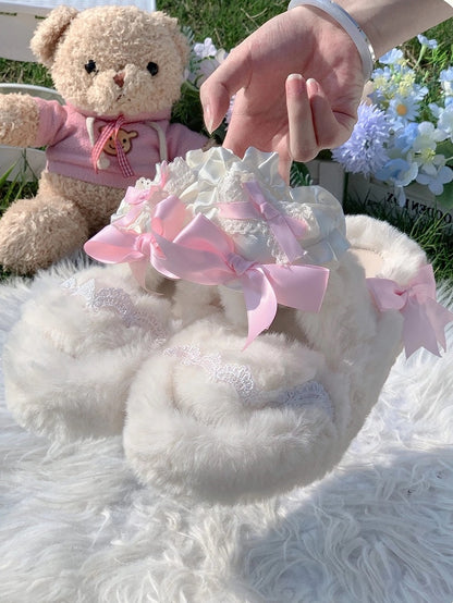 Ruffle - Lace Pink Slippers Bow with 2cm/4cm Platform Knotted Lolita Plush Heart Sweet Winter Trim