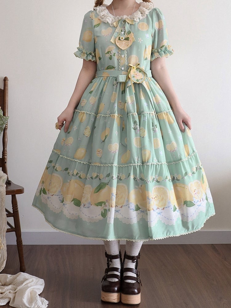 Summer and Print Spring for Chick Dress Green Lolita Short Sleeves Lemon