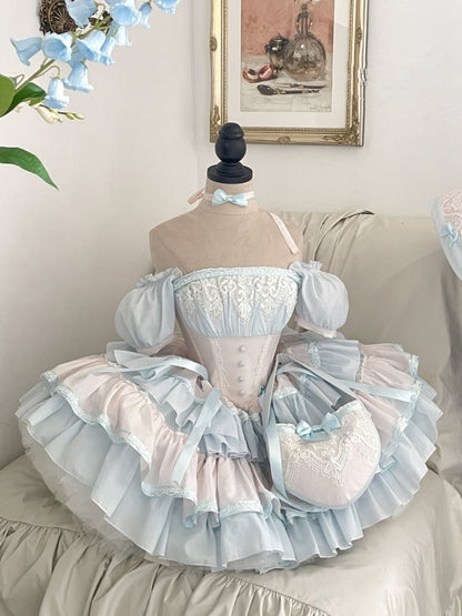 Pink and Blue Princess Corset Puffy Dress Tiered Ruffle Skirt Full Set