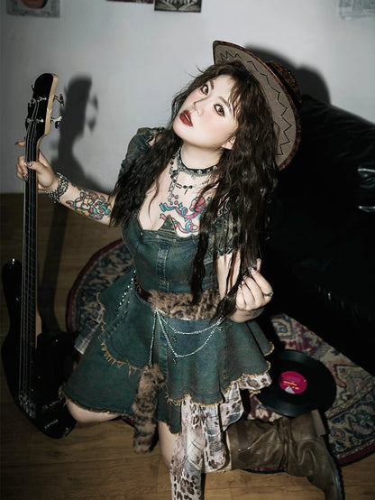 Mode mit blauen Puffärmeln Jeanskleid Leopardengürtel Patchwork Plus Size Gyaru Taille