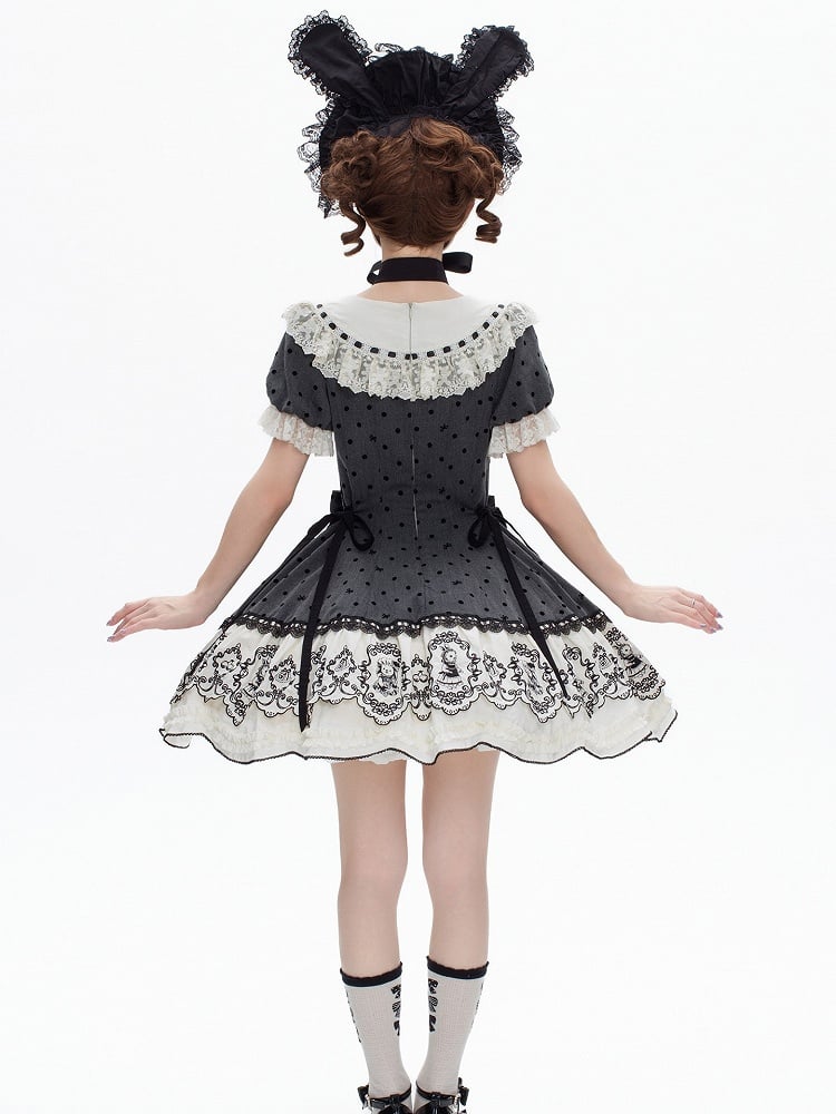 Gray Dot Sweet Lace-Trimmed Pattern Rabbit Dress Appliques with Polka Lolita Sweetheart