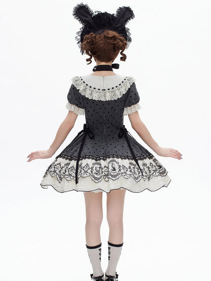 Gray Dot Sweet Lace-Trimmed Pattern Rabbit Dress Appliques with Polka Lolita Sweetheart