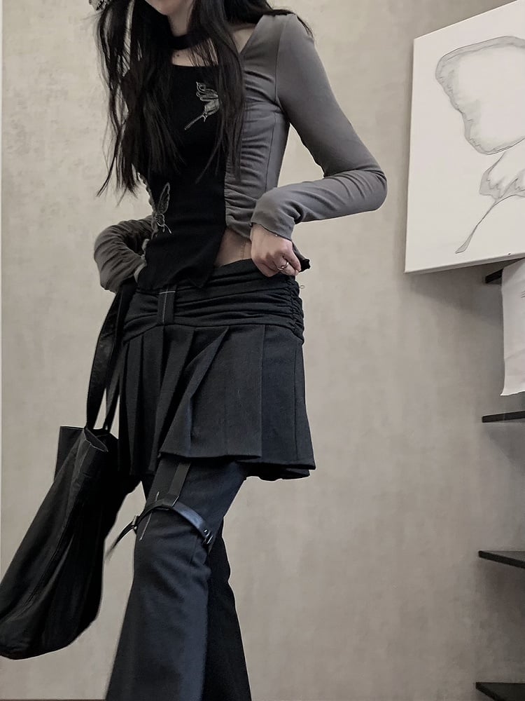 with Pleated Regular/Long Version Jeans Gray Skirt and Cross Flared Motif Dark