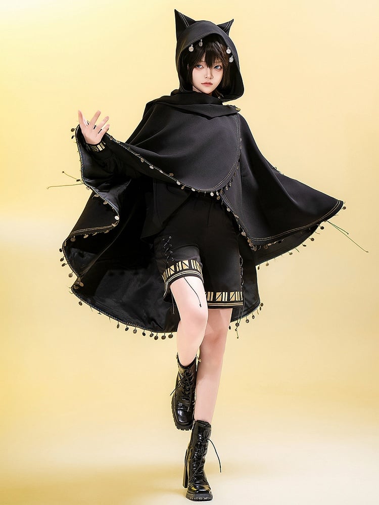 ファッションキャットハイロー耳裾（洗濯機洗い不可、ブラック王子）ケープフード付き
