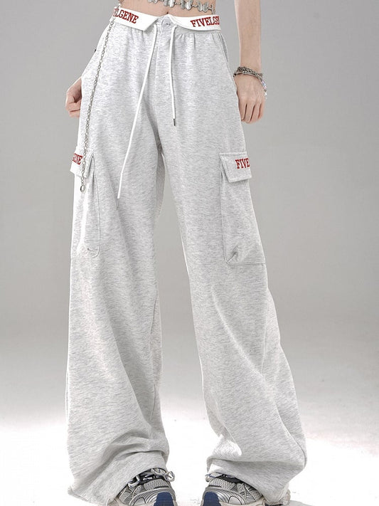 Pants Letter - Waistband Wide-Leg Pockets Gray Foldover Embroidered