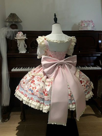 Bunny Kleid/Süße JSK Nette Print Lolita und Kuchen Erdbeere Rosa Set Volle