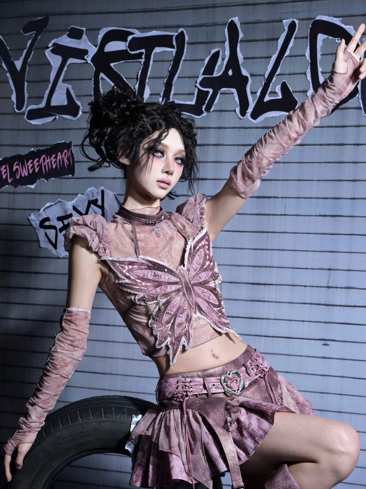 Hem Mini Pink Skirt Denim Belt Asymmetric Sequined Heart with Y2K Buckle Punk