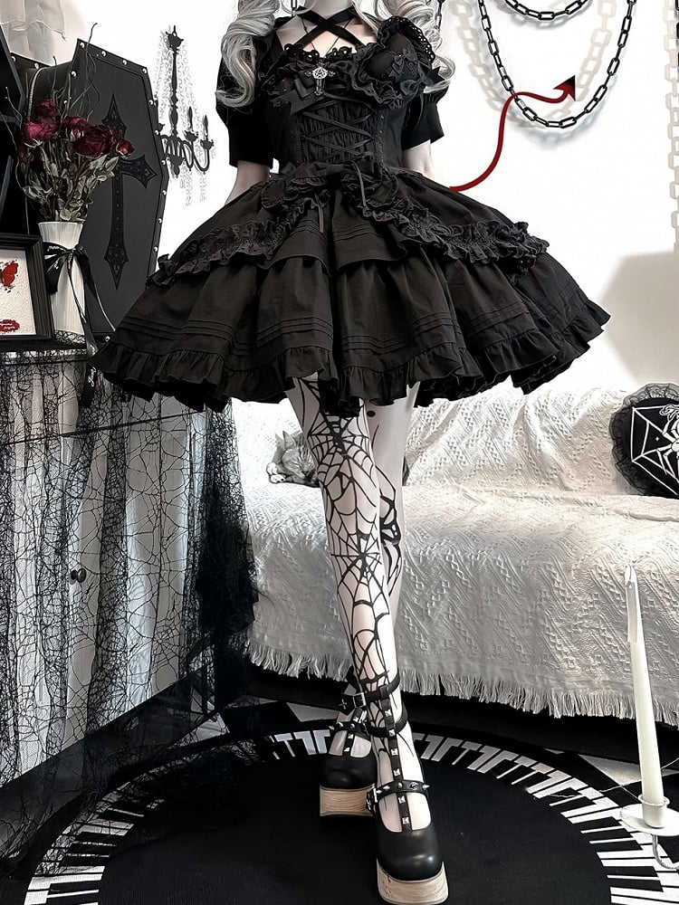 Dress Short Bowknots Heart-shaped Lolita Gothic Version JSK and Decoration Ruffled Black with