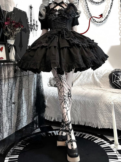 Dress Short Bowknots Heart-shaped Lolita Gothic Version JSK and Decoration Ruffled Black with