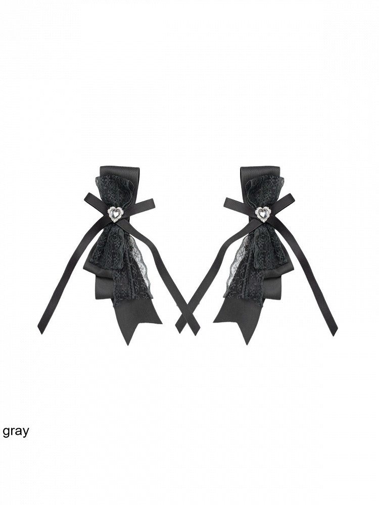 Black/Gray Bow Hairclip with Heart Rhinestone - With PUJI