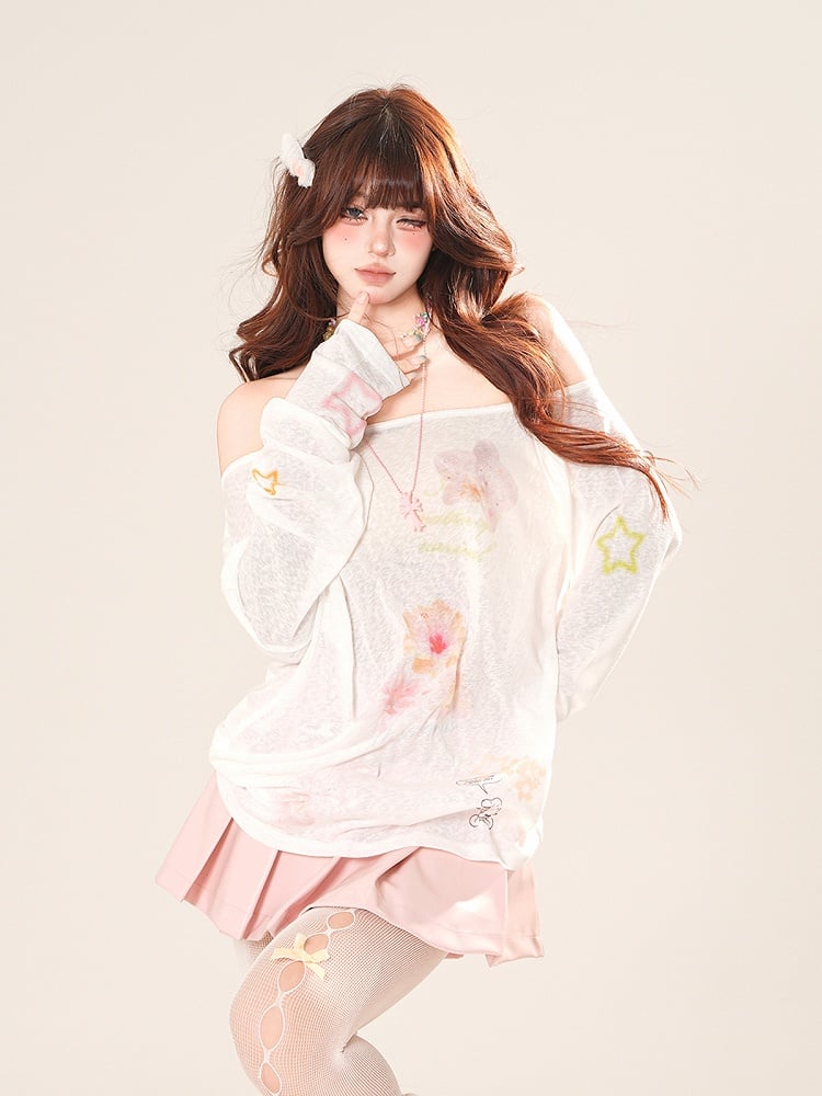 Coverup White Off-the-shoulder Neckline Floral Print Semi-sheer