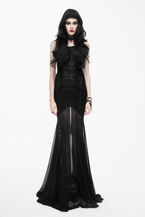 Black Floral Lace Fishtail Maxi Dress Gothic Sexy