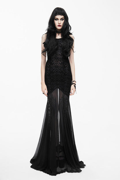 Black Floral Lace Fishtail Maxi Dress Gothic Sexy