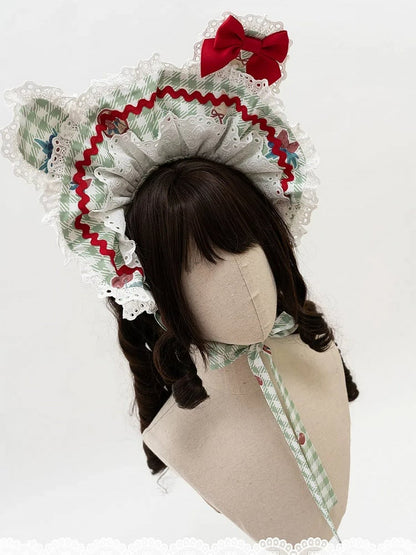 柄 ボンネット ギンガム ブラック グリーン ピンク 赤 耳 / うさぎ