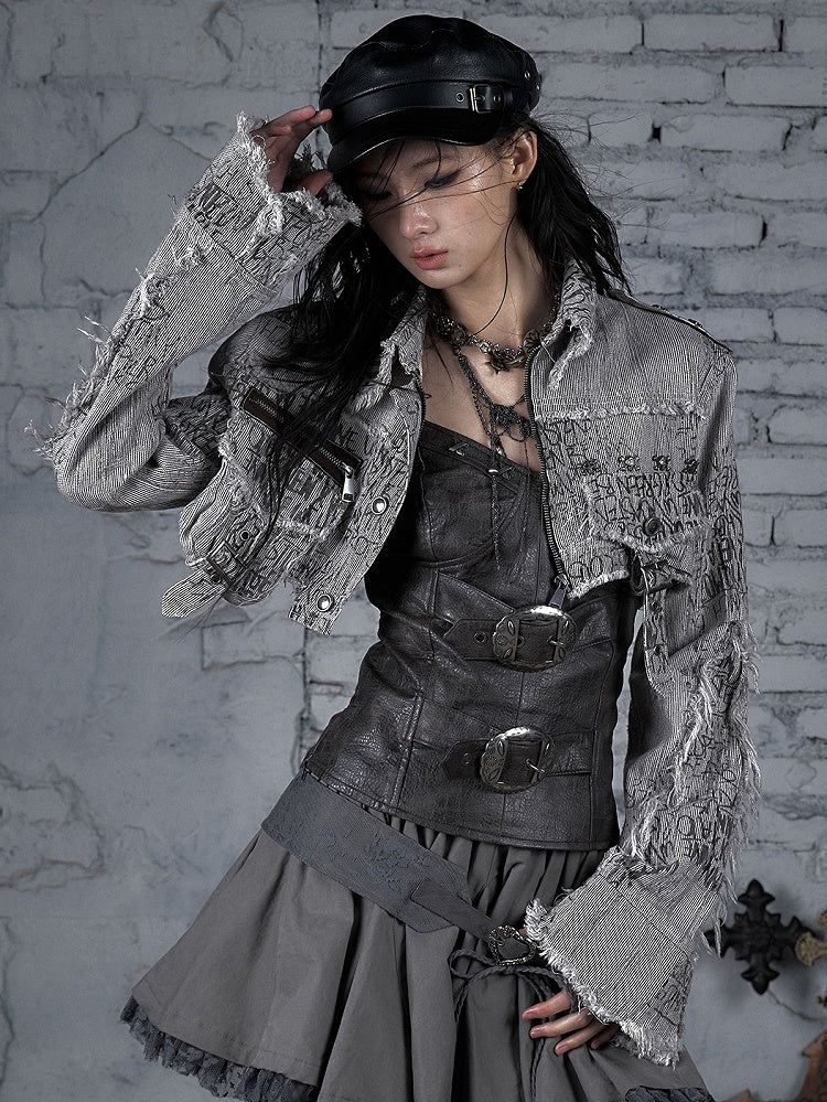 ウェイストランドジャケット ストライプ スケルトン ブラウン クロップド丈 装飾バックル＆パターン パンク