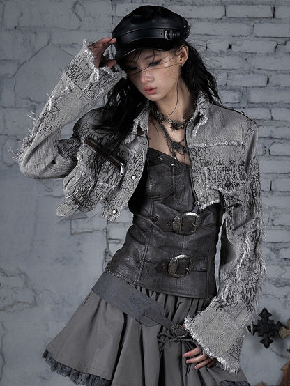 ウェイストランドジャケット ストライプ スケルトン ブラウン クロップド丈 装飾バックル＆パターン パンク