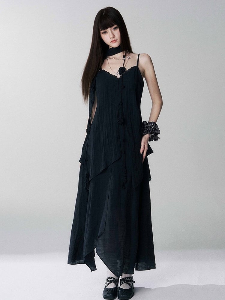 Black V-Neck Spaghetti Strap Long Dress with Scarf - Lady Ghost