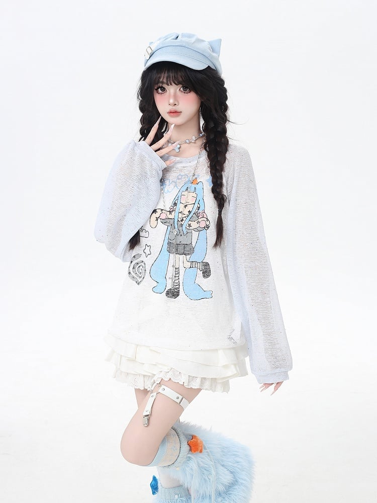 Coverup Colorblock Design Semi-sheer Cartoon Girl Print Black/Pink/Blue