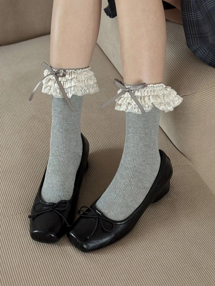 Ribbed Ruffled Socks Bow Cuffs Lace with