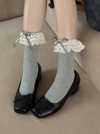 Ribbed Ruffled Socks Bow Cuffs Lace with
