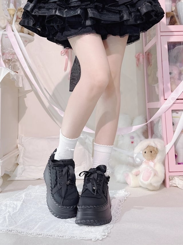 Shoes Cream Otaku - Black Trim with Details Platform Piping Bow Lace Kawaii