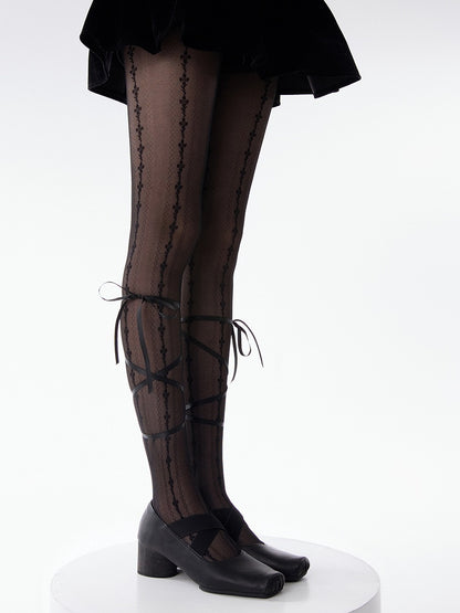 White/Black Bow Straps with Design Tights Floral Pattern