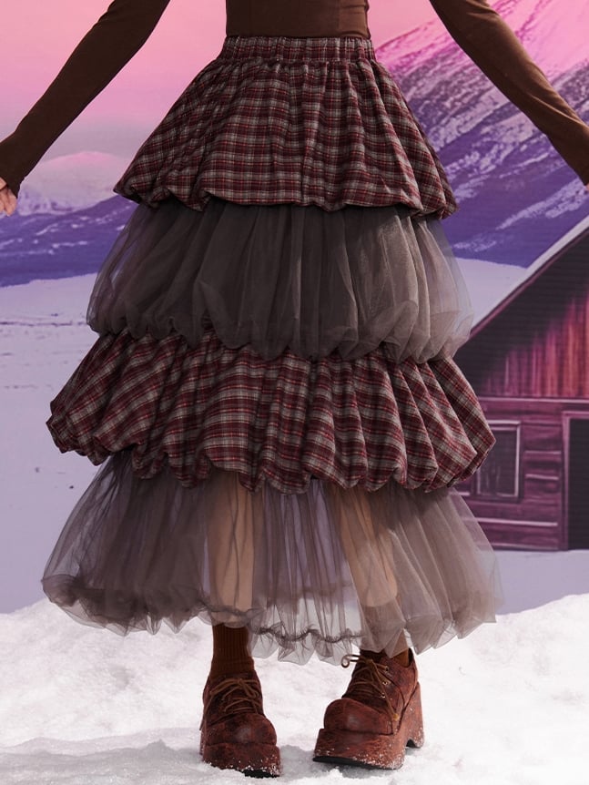 Grey Purple Plaid Patchwork Tiered Tulle Bubble Skirt
