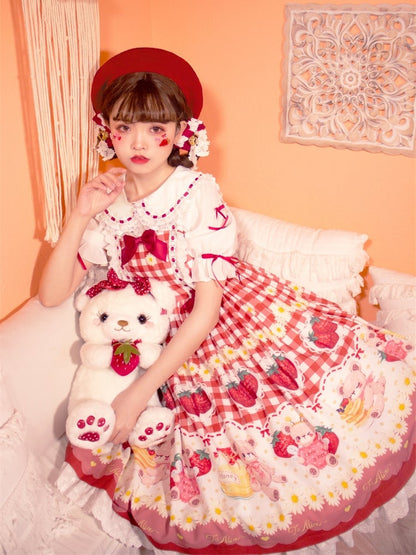 赤い蝶結びと白いピーターパンカラーのレーストリムのスイートロリータブラウス