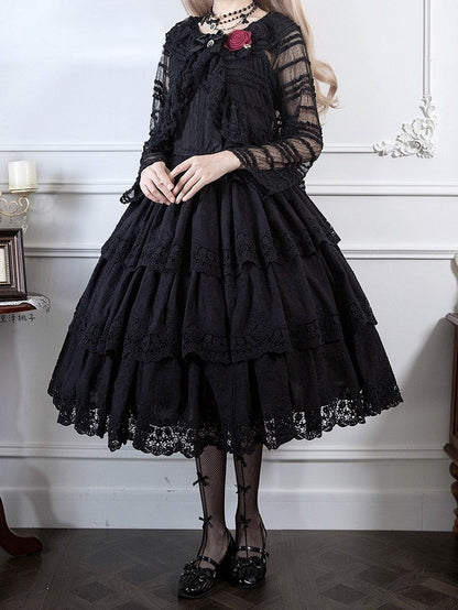 Elegant Black Multilayer Ruffled Floral Embroidery Skirt - Miss Point