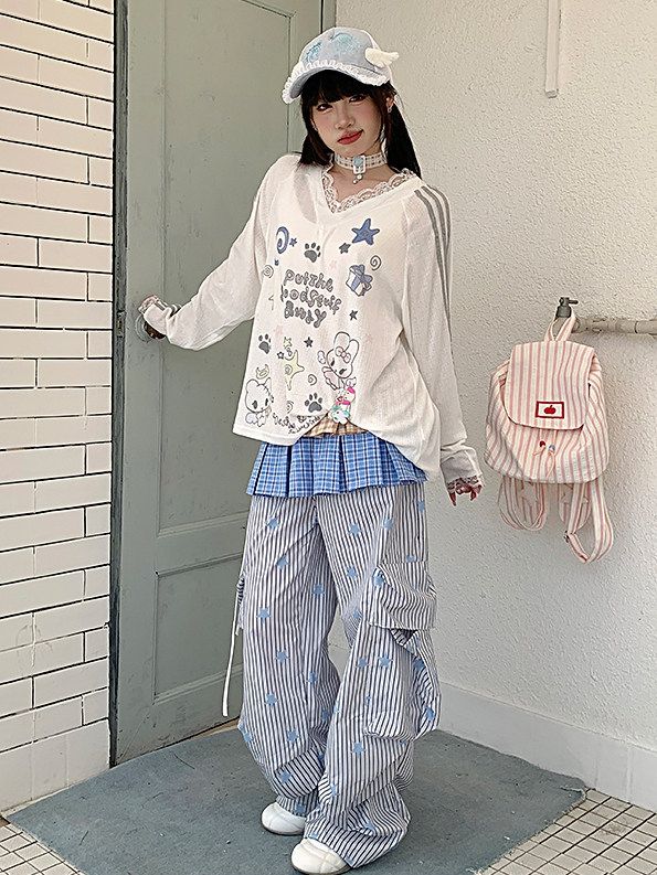 Sleeve White Cartoon Lace Long with Top Print V-neck Trim