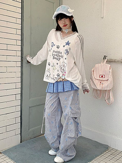 Sleeve White Cartoon Lace Long with Top Print V-neck Trim